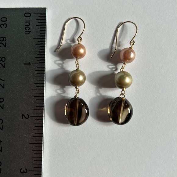 14K Yellow Gold Pearls Smoky Quartz Dangling Earrings - Picture 11 of 16